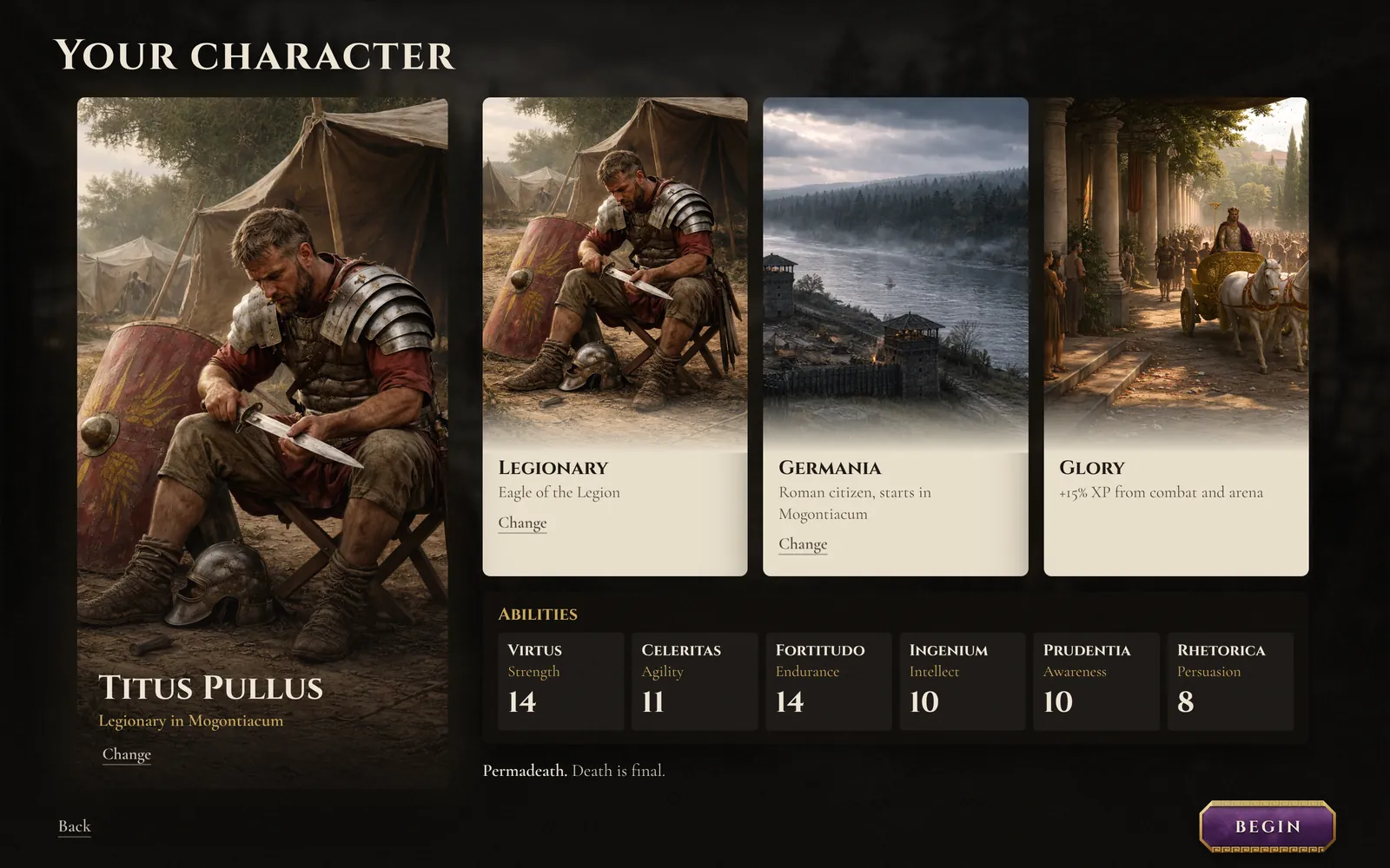 The character summary: a legionary in Mogontiacum with picture cards for his background, homeland and drive, and his six abilities