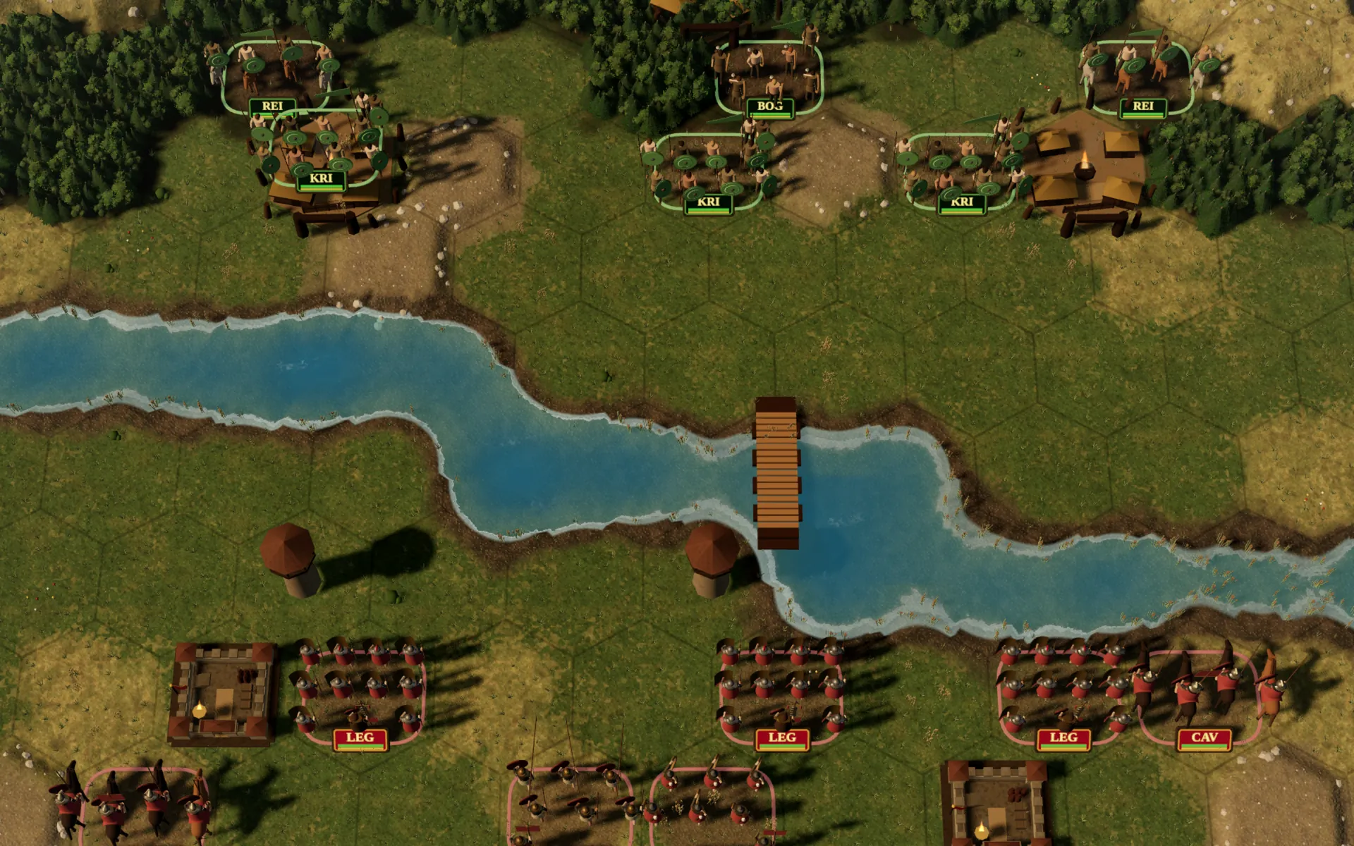A 3D hex battle on the Rhine: Roman legions and cavalry on one bank, Germanic warbands across the bridge