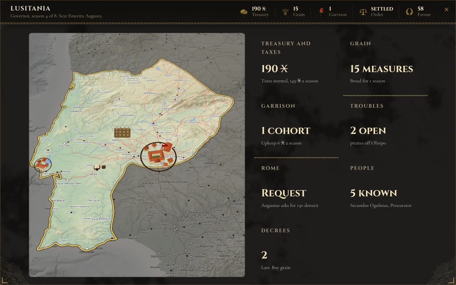 The province screen for Lusitania: the map of the province with the governor's seat, treasury, grain, garrison, troubles and Rome's request