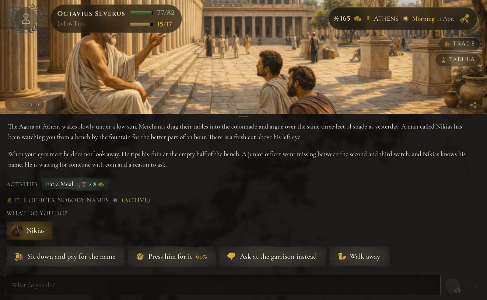 A scene in the Agora at Athens: the narration, the quest and four actions to choose from